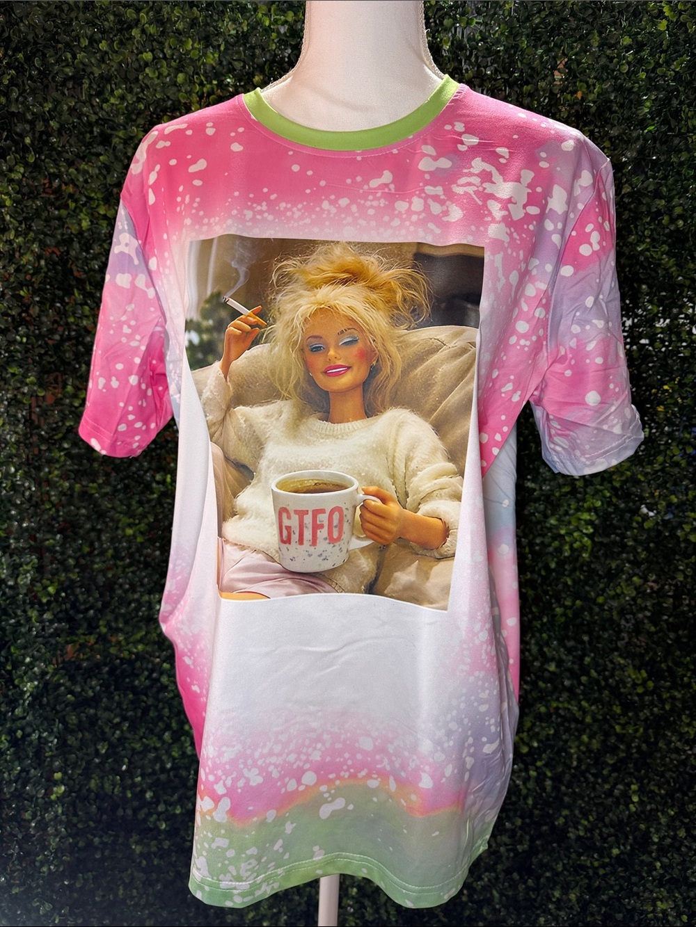 Women’s Pink Graphic Tee with GTFO Mug Print